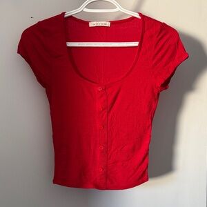 Button-Front Ribbed Scoop Neck Top - Red